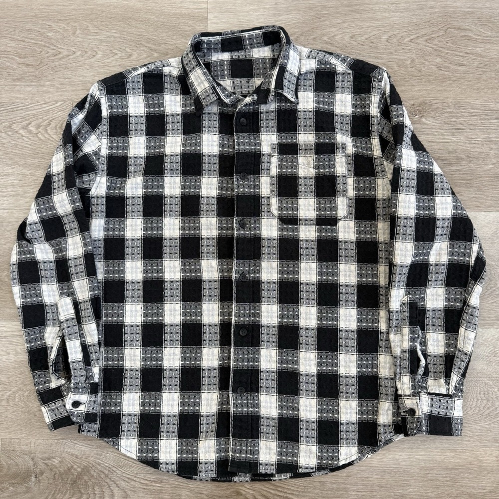 Mens M Shadow Plaid Sashiko Dobby Jacquard Woven Button Shirt Heavyweight Black⁠